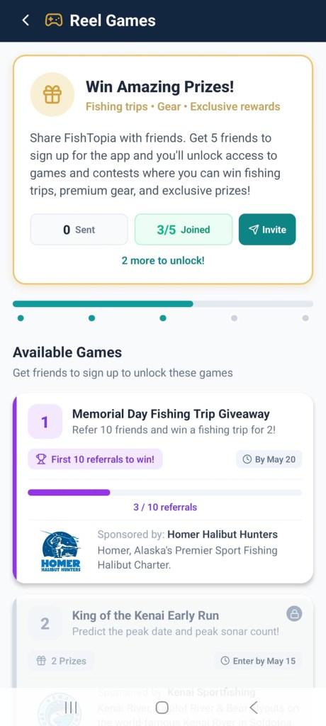Alaska FishTopia app Reel Games screen with referral prizes and fishing contests