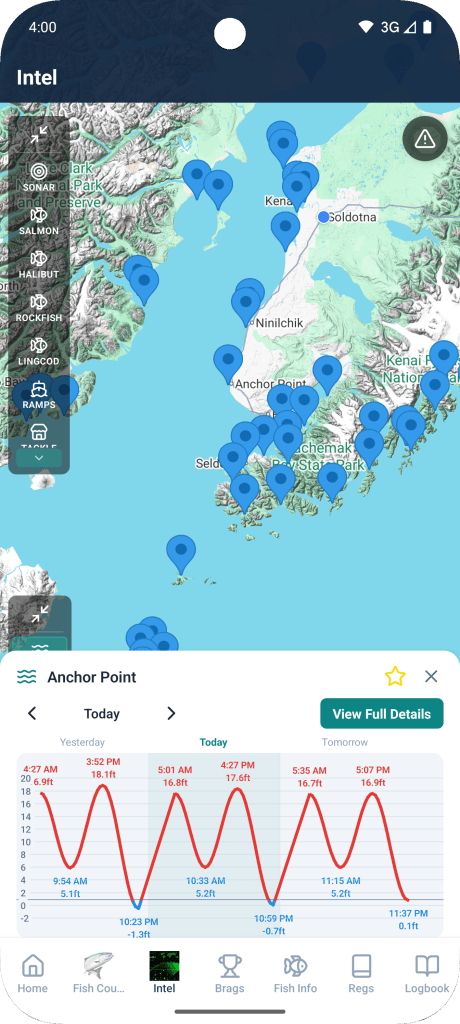 Alaska FishTopia app map of Cook Inlet fishing locations with a tide forecast for Anchor Point