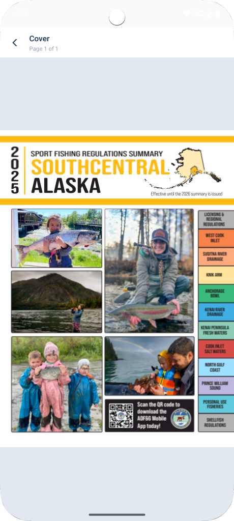 Alaska FishTopia app showing the Southcentral Alaska sport fishing regulations summary
