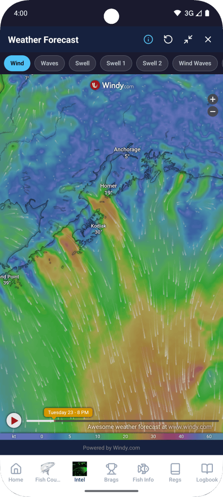 Alaska FishTopia app showing a Southcentral Alaska wind forecast map